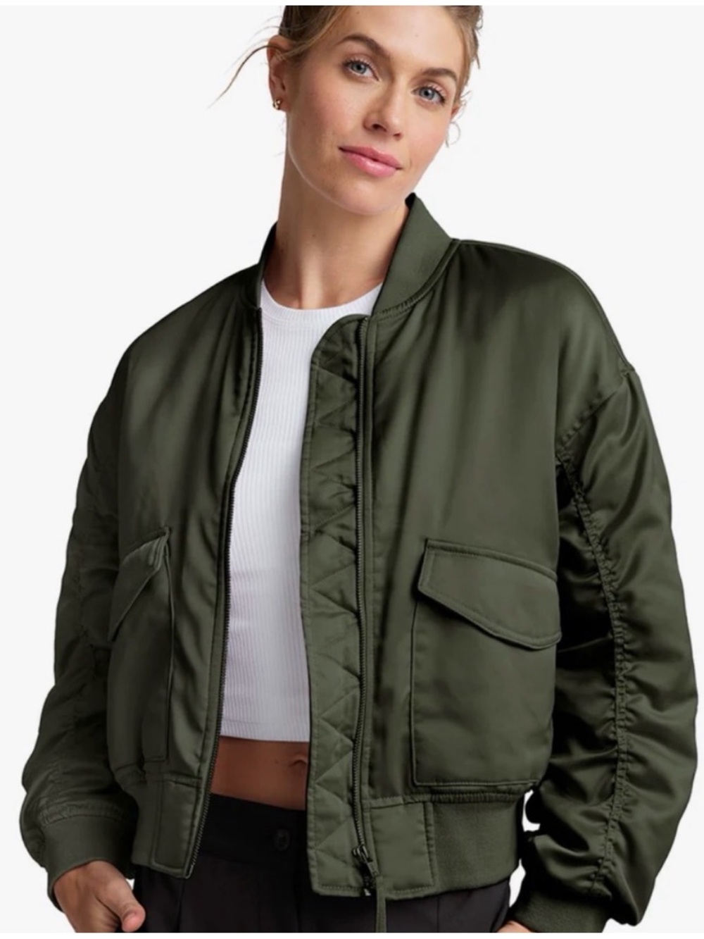 Beyond Yoga Melrose Shirred Sleeve Bomber Jacket Satin Forest Green